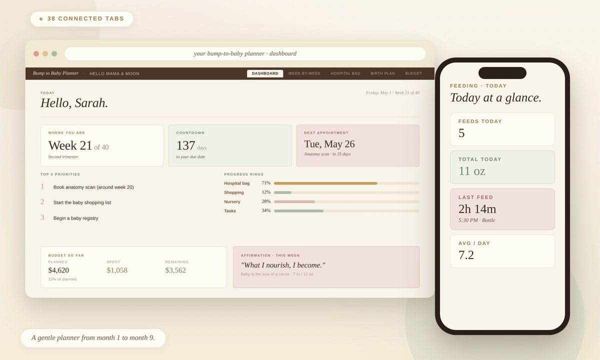 Bump to Baby Planner shown on a laptop and phone — Appointments tab on the laptop, Supplements log on the phone